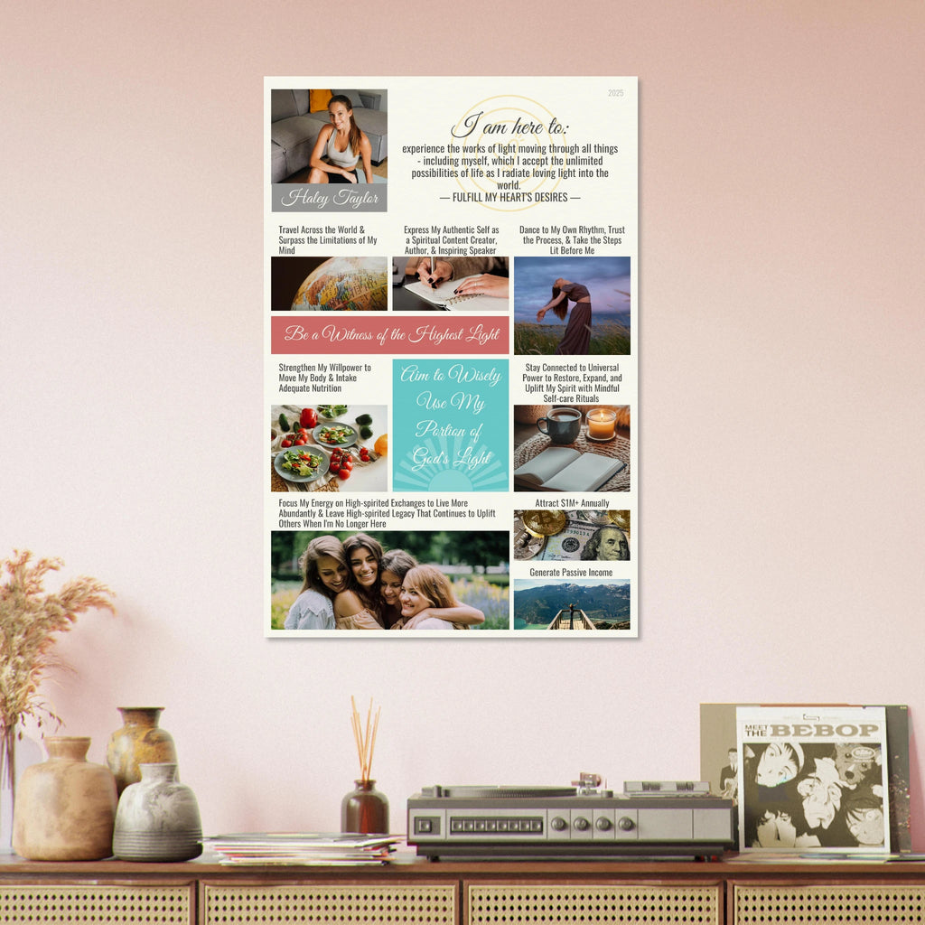 Abundant Living Vision Board poster—personalized photos with life-area titles, museum-quality matte paper