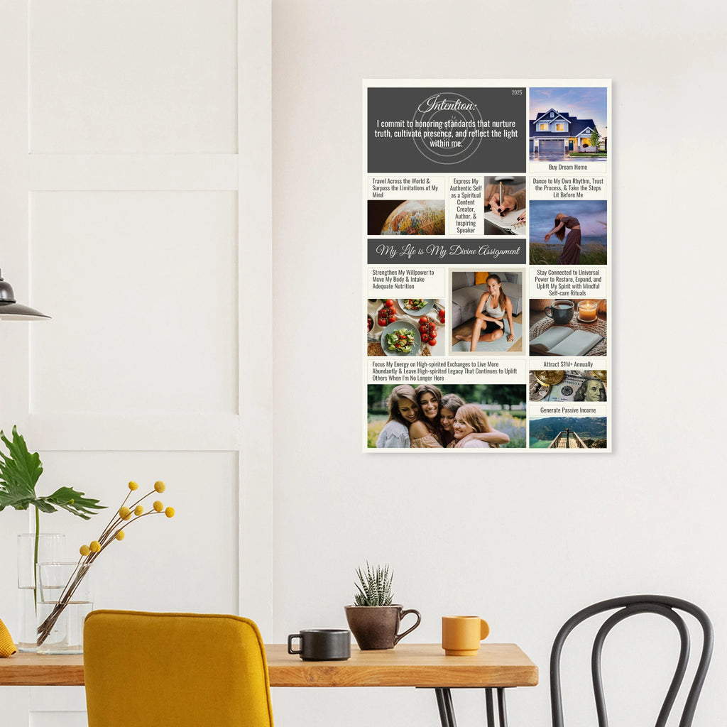 Abundant Living Vision Board with custom HEX background and typography, museum-quality matte paper