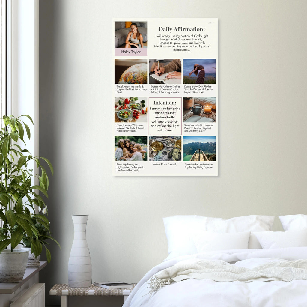 Vision board wall with Abundant Living poster—photos labeled Health, Love, Career, museum-quality matte paper
