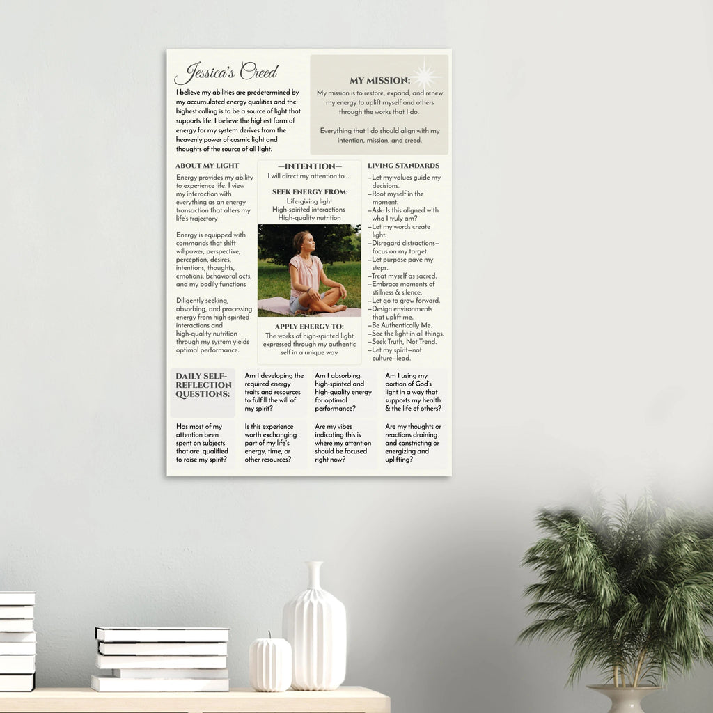 Spiritual identity map with creed, mission, daily prompts, and intentions—custom colors