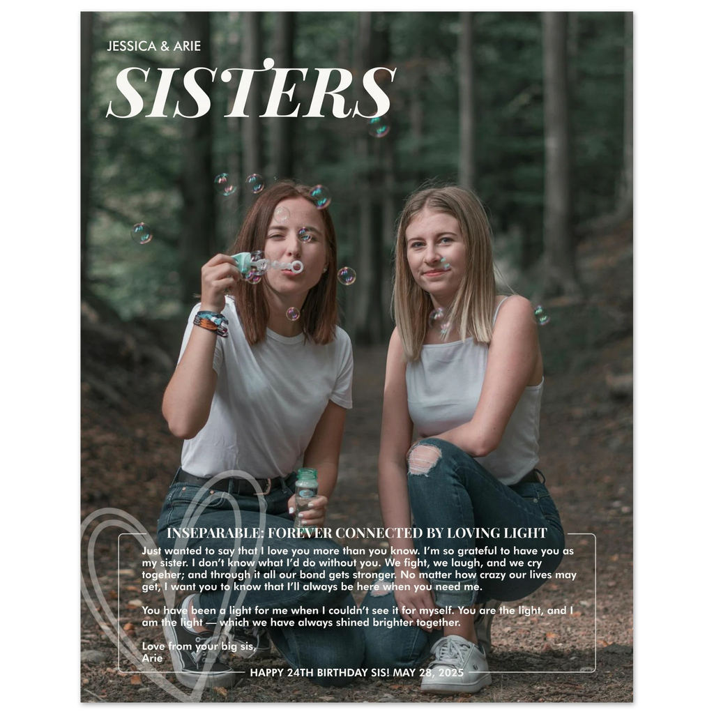 Personalized portrait poster print with meaningful message note as a custom gift for sister or sibling