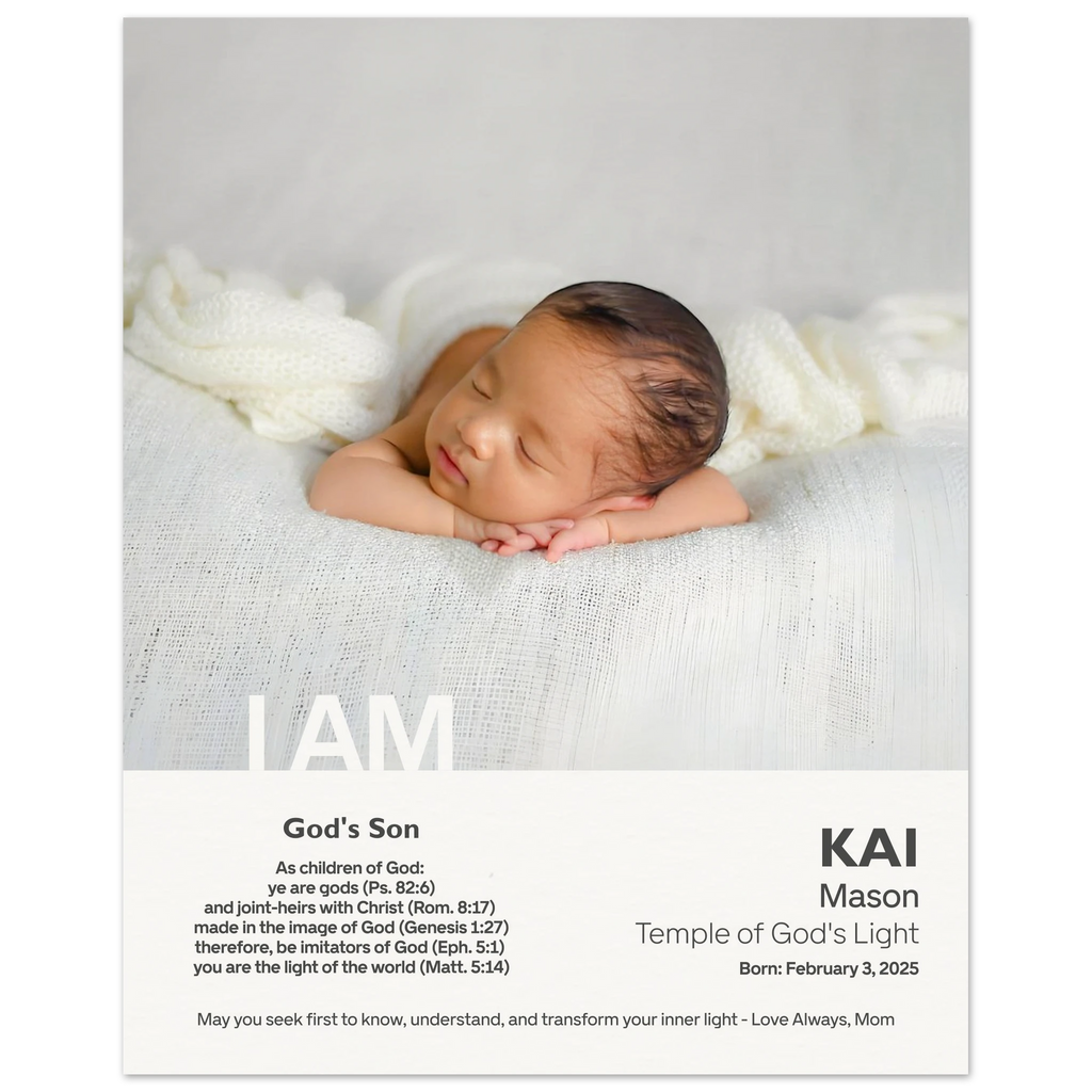 IAM” Spiritual Light personalized poster with I AM affirmations. Baby birth stat.