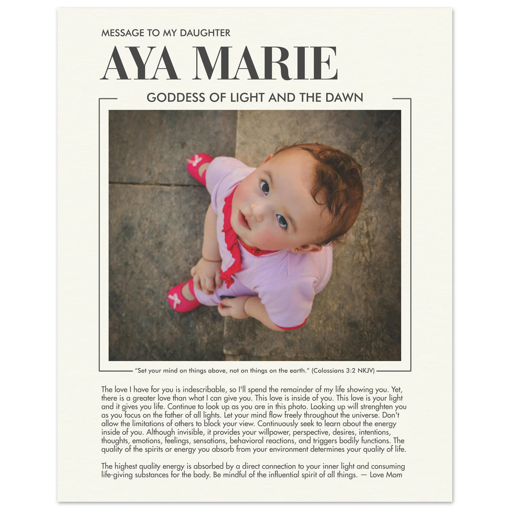 Personalized portrait poster print with meaningful message note as a custom gift or baby birth stat
