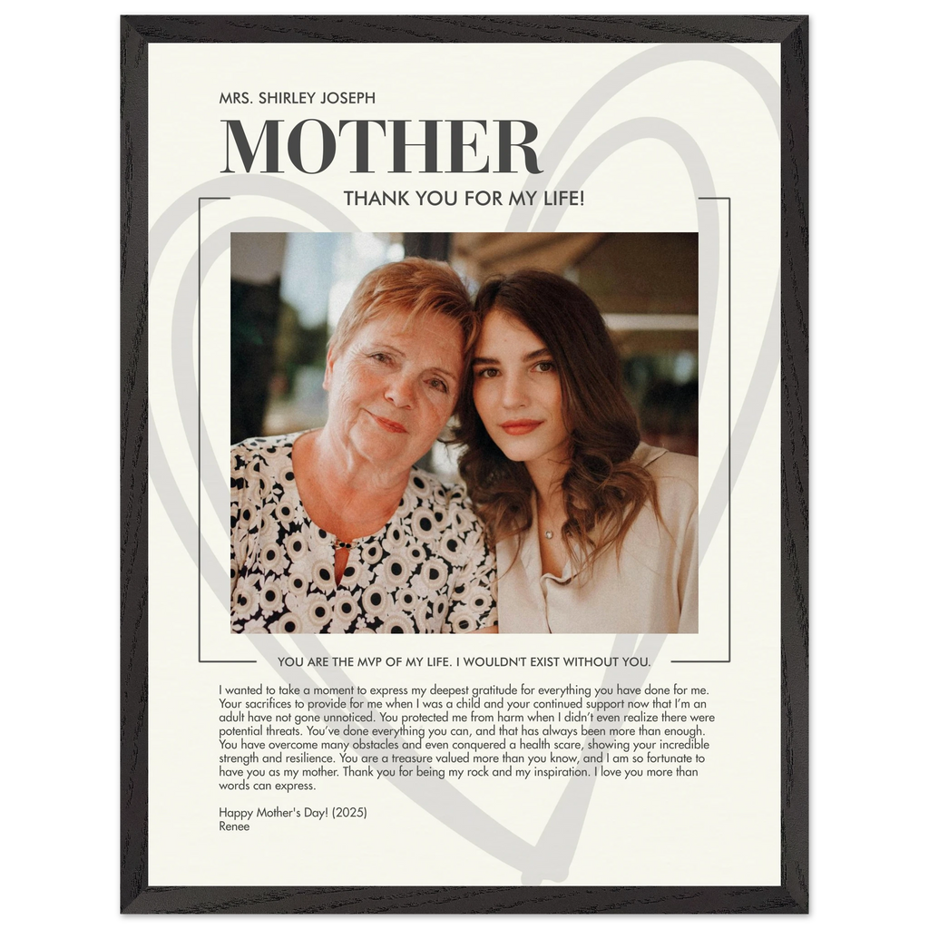 Personalized portrait poster with meaningful message note as a custom mothers's day gift